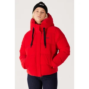 Loose Fit Rahat Kesim Dik Yaka Kapüşonlu Kırmızı Şişme Mont