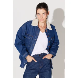 Loose Fit Rahat Kesim %100 Pamuk Sherpa Yaka Mavi Jean Kot Ceket