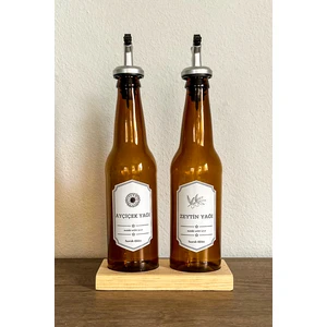 Ahşap Stantlı Amber Cam Zeytinyağı Ayçiçekyağı Şişesi 350 ml Yağdanlık Seti