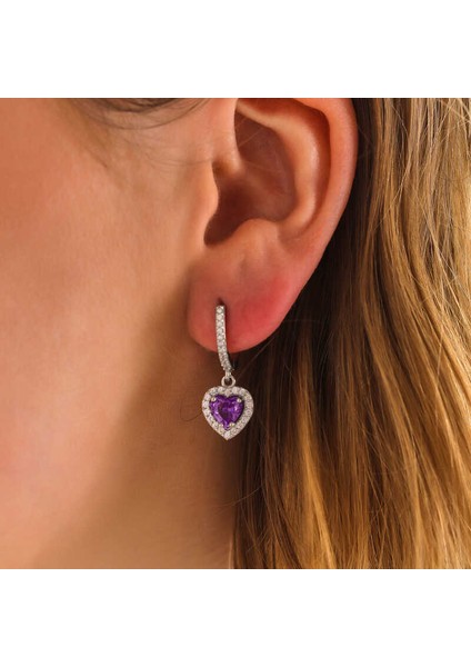 Gümüş Mor Taşlı Kalpli Kadın Küpe fiyatları