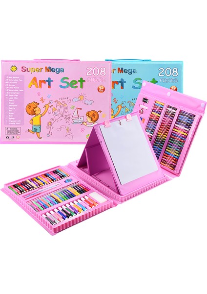 208 Parça Çocuk Boyama Seti Kırtasiye Hediye Kutusu Fırça Seti Kuru Kalem Pastel Boya