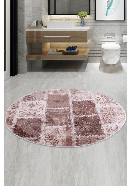 Lotto Kahve Yuvarlak 100X100 cm Banyo Paspası Kaymaz Taban Yıkanabilir Banyo Halısı