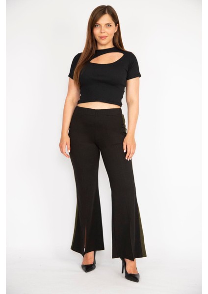Kadın Siyah Büyük Beden Yırtmaç Detaylı Geniş Paçalı Yan Şeritli Eşofman Alt