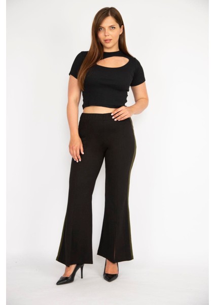 Kadın Siyah Büyük Beden Yırtmaç Detaylı Geniş Paçalı Yan Şeritli Eşofman Alt