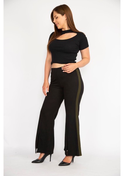 Kadın Siyah Büyük Beden Yırtmaç Detaylı Geniş Paçalı Yan Şeritli Eşofman Alt