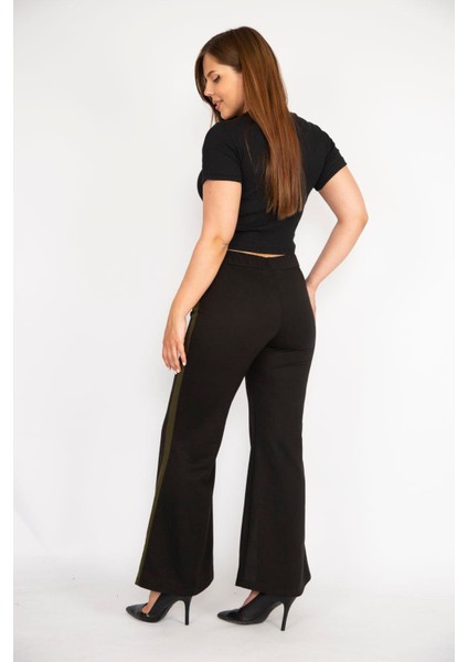 Kadın Siyah Büyük Beden Yırtmaç Detaylı Geniş Paçalı Yan Şeritli Eşofman Alt