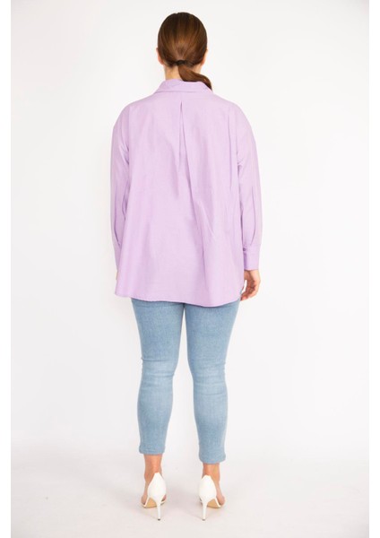 Kadın Büyük Beden Lila Poplin Kumaş Ön Düğmeli Yan Yırtmaçlı Uzun Kollu Gömlek 65N36798