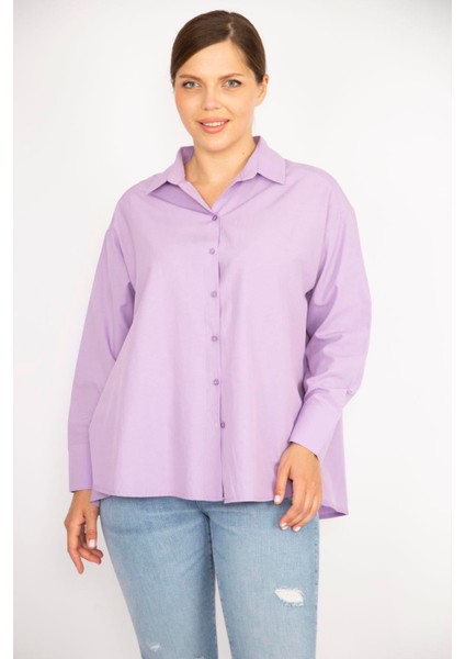 Kadın Büyük Beden Lila Poplin Kumaş Ön Düğmeli Yan Yırtmaçlı Uzun Kollu Gömlek 65N36798