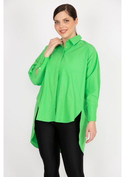 Kadın Yeşil Büyük Beden Gizli Pat Ön Boy Düğmeli Arkası Uzun Gömlek