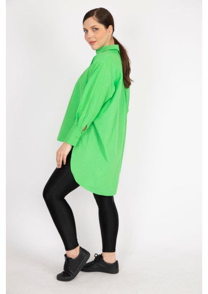 Kadın Yeşil Büyük Beden Gizli Pat Ön Boy Düğmeli Arkası Uzun Gömlek modelleri