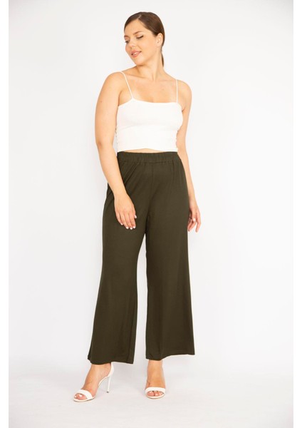 Kadın Haki Büyük Beden Geniş Paçalı Eşofman Pantolon