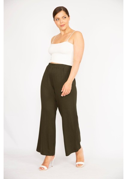 Kadın Haki Büyük Beden Geniş Paçalı Eşofman Pantolon