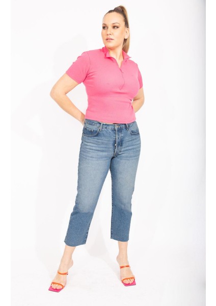 Kadın Mavi Büyük Beden Yıkama Efektli Paçası Pis Dikişli Bilek Boy 5 Cep Kot Pantolon