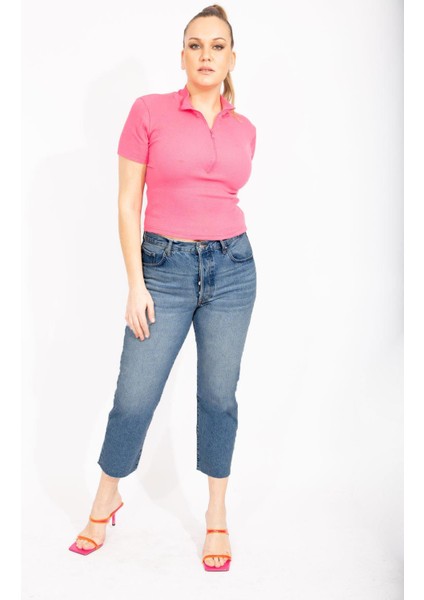 Kadın Mavi Büyük Beden Yıkama Efektli Paçası Pis Dikişli Bilek Boy 5 Cep Kot Pantolon