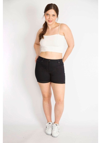 Kadın Siyah Büyük Beden Duble Paça Likralı Skınny Kot Şort fiyatları