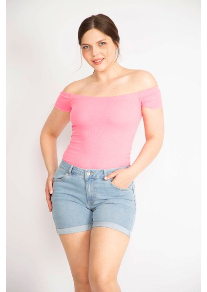 Kadın Mavi Büyük Beden Duble Paça Likralı Skınny Kot Şort