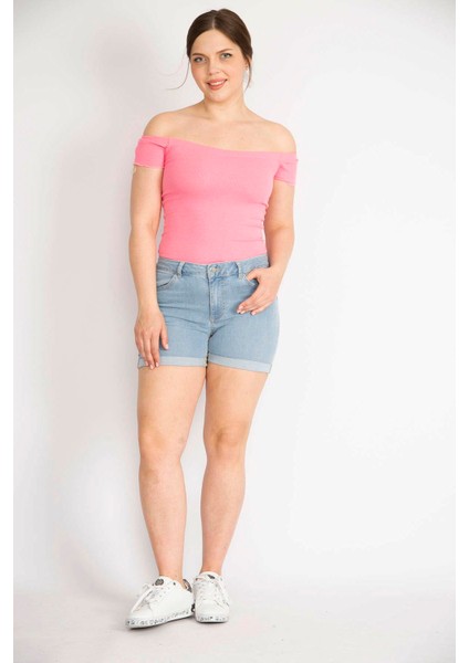 Kadın Mavi Büyük Beden Duble Paça Likralı Skınny Kot Şort