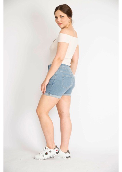 Kadın Mavi Büyük Beden Duble Paça Likralı Skınny Kot Şort