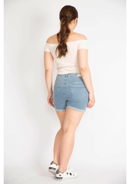 Kadın Mavi Büyük Beden Duble Paça Likralı Skınny Kot Şort