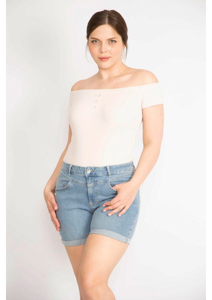 Kadın Mavi Büyük Beden Duble Paça Likralı Skınny Kot Şort