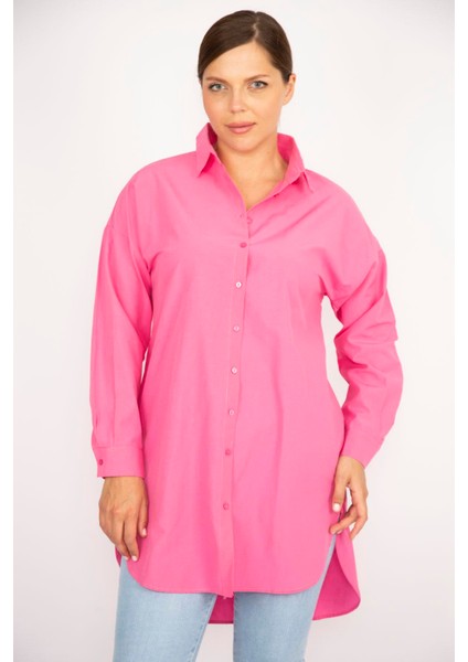 Kadın Büyük Beden Pembe Poplin Kumaş Ön Düğmeli Yan Yırtmaçlı Tunik 65N36795