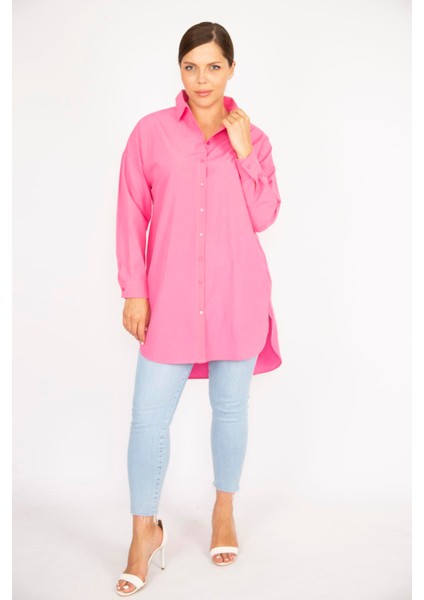 Kadın Büyük Beden Pembe Poplin Kumaş Ön Düğmeli Yan Yırtmaçlı Tunik 65N36795