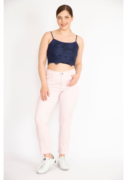 Kadın Pembe Büyük Beden 5 Cepli Likralı Gabardin Kumaş Pantolon