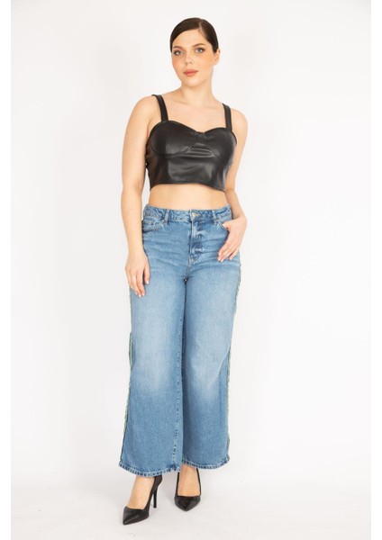 Kadın Mavi Büyük Beden Yan Şeritli 5 Cep Kot Pantolon