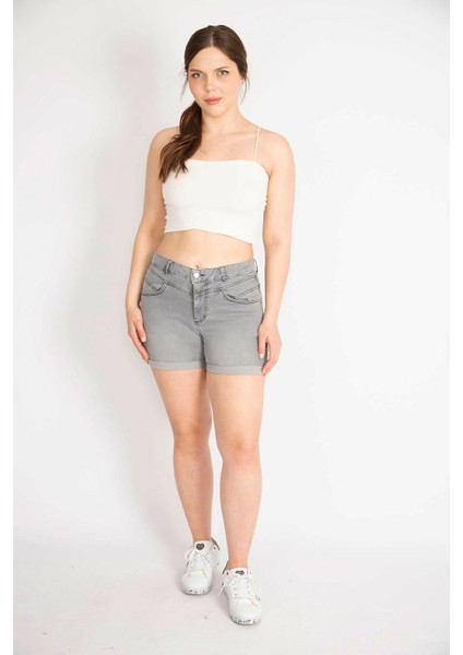 Kadın Gri Büyük Beden Duble Paça Likralı Kot Şort