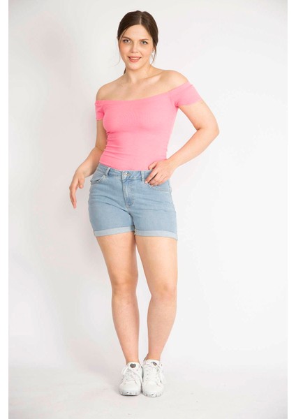 Kadın Mavi Büyük Beden Duble Paça Likralı Skınny Kot Şort