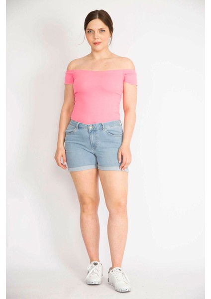 Kadın Mavi Büyük Beden Duble Paça Likralı Skınny Kot Şort modelleri