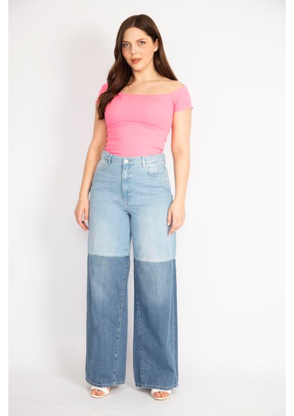 Kadın Mavi Büyük Beden Renk Detaylı Geniş Paça Kot Pantolon