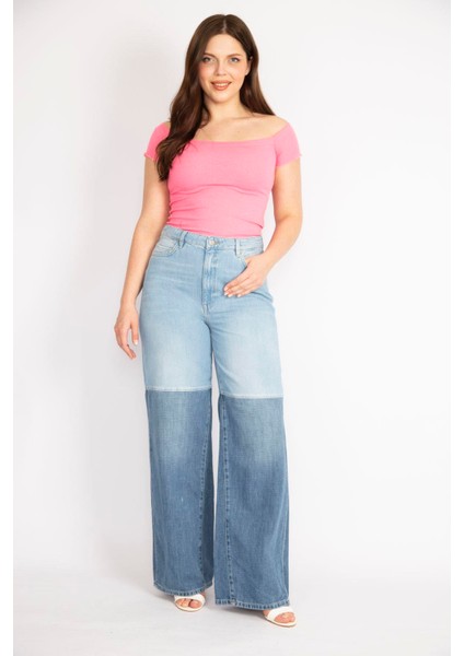 Kadın Mavi Büyük Beden Renk Detaylı Geniş Paça Kot Pantolon