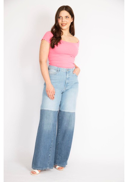 Kadın Mavi Büyük Beden Renk Detaylı Geniş Paça Kot Pantolon