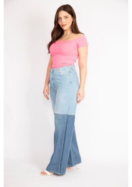 Kadın Mavi Büyük Beden Renk Detaylı Geniş Paça Kot Pantolon