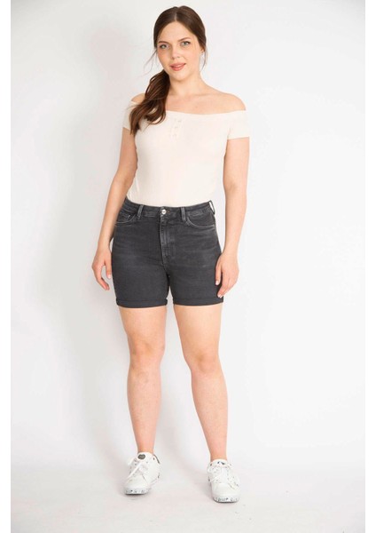 Kadın Antrasit Büyük Beden Duble Paça Likralı Skınny Kot Şort