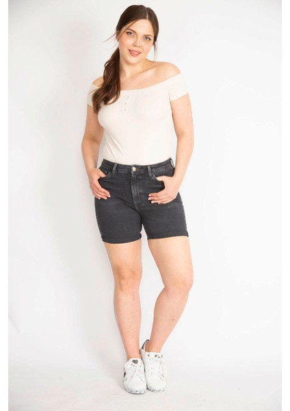 Kadın Antrasit Büyük Beden Duble Paça Likralı Skınny Kot Şort modelleri