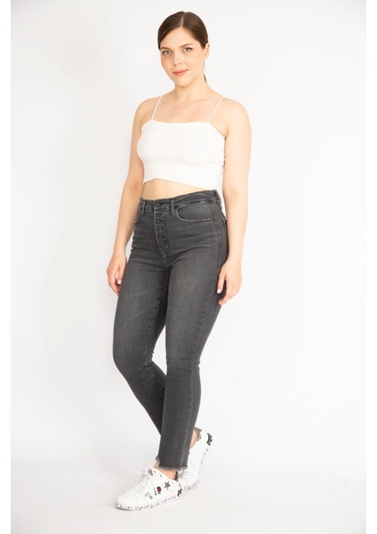 Kadın Antrasit Büyük Beden Yüksek Bel 5 Cep Paçası Pis Dikişli Likralı Kot Pantolon