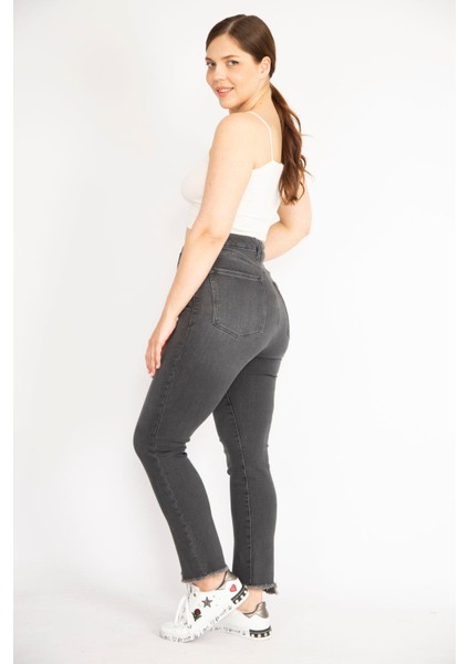 Kadın Antrasit Büyük Beden Yüksek Bel 5 Cep Paçası Pis Dikişli Likralı Kot Pantolon fiyatları