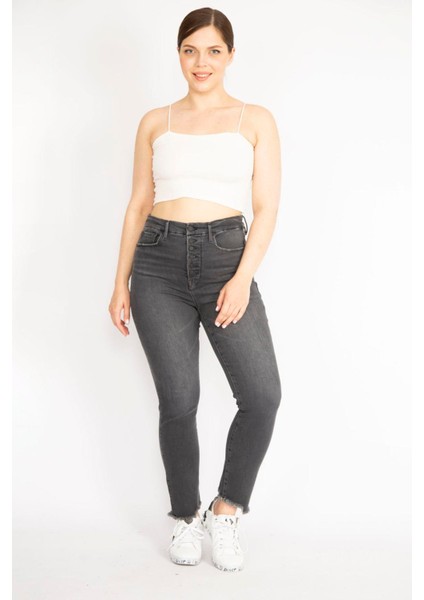 Kadın Antrasit Büyük Beden Yüksek Bel 5 Cep Paçası Pis Dikişli Likralı Kot Pantolon indirimleri