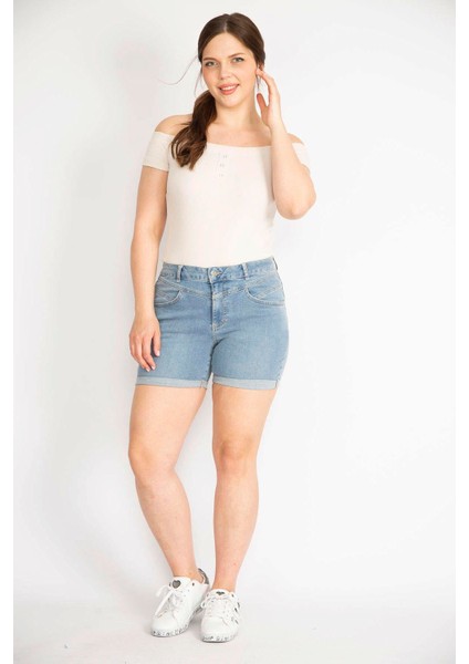 Kadın Mavi Büyük Beden Duble Paça Likralı Skınny Kot Şort indirimleri