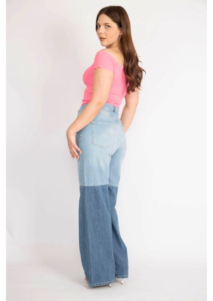 Kadın Mavi Büyük Beden Renk Detaylı Geniş Paça Kot Pantolon