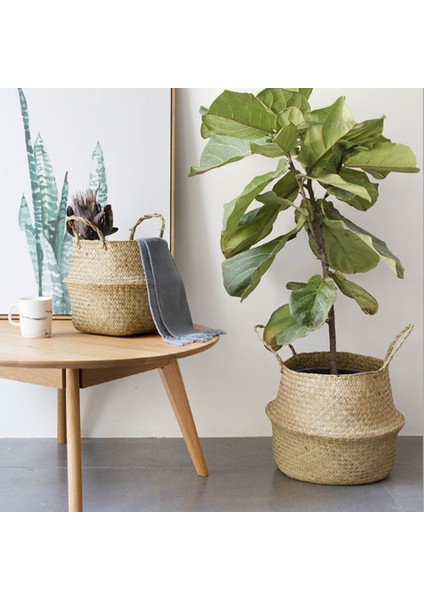 Saman Dokuma Saksı Vazo Sepeti Yeşil Bitki Tutucu 32X28CM Doğal (Yurt Dışından)