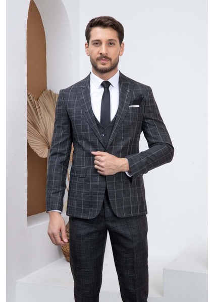 Siyah Ekoseli Kombin Slimfit Erkek Takım Elbise