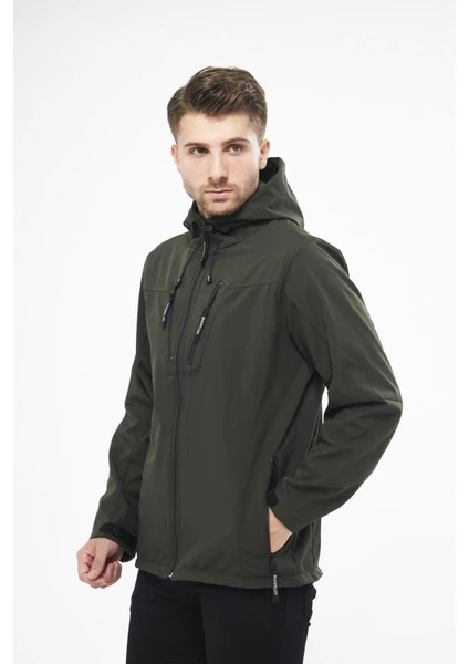 Ghassy Co. Erkek Army 4 Cepli Kapşonlu Polar Astarlı Suya Dayanıklı Softshell Mont