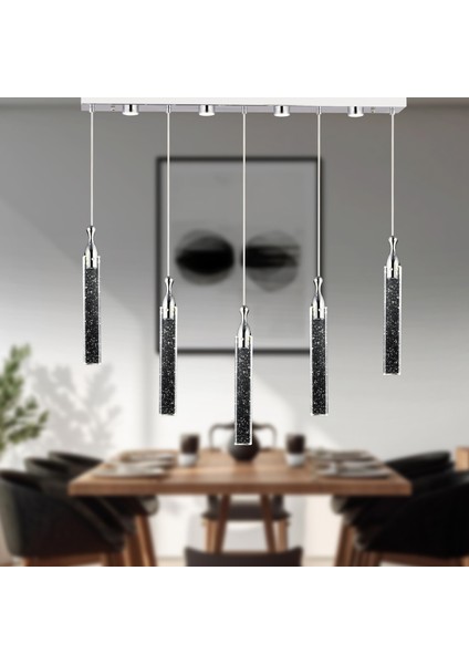 Klaus 5'li Sıralı 3 Renkli 75 Watt Krom Kristal Ledli Modern Oturma Odası Salon Sarkıt Avize