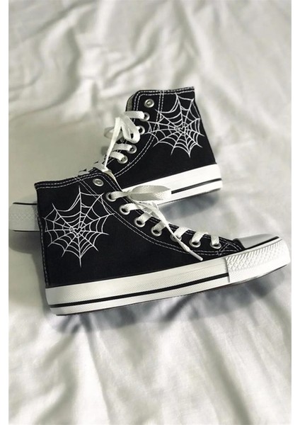 Heart Spider Web Kanvas Chuck Taylor Baskılı Unisex Boğazlı Bağcıklı Ayakkabı