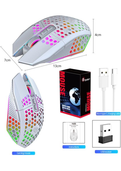 Sessiz Tuşlu Wireless 2.4g 8 Button Rgb LED Gaming Mouse - Silent Button - One Click Desktop Beyaz