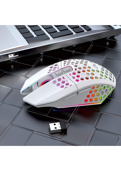 Sessiz Tuşlu Wireless 2.4g 8 Button Rgb LED Gaming Mouse - Silent Button - One Click Desktop Beyaz