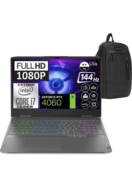 Loq 15IRH8 Intel Core I7 13620H 64GB Ddr5 2tb SSD RTX4060-8GB 15.6inç IPS Fhd 144Hz Windows 11 Pro Taşınabilir Bilgisayar 82XV00G9TXP09+WEBLEGESLIN Çanta